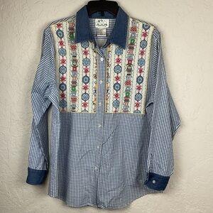 Women’s Quacker Factory Blue White Gingham Button Down Long Sleeve Top Sz Lg